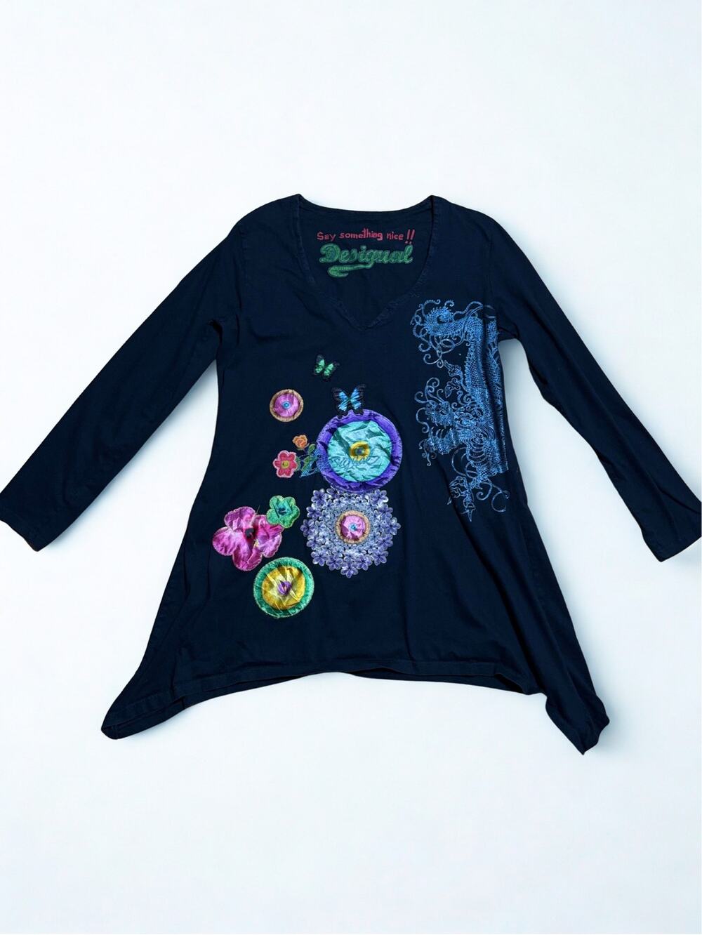 Vtg Y2K Desigual Black Sharkbite Hem Butterfly Applique Long Sleeve Top